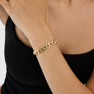 14K gold cuban link bracelet chain necklace, styled view