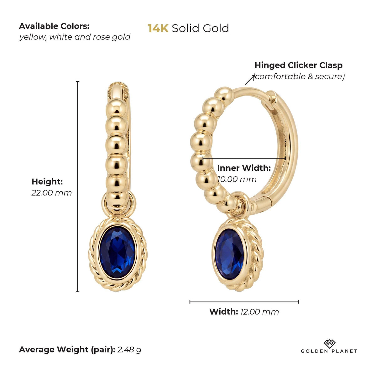 Size chart for the 14K gold cubic zirconia huggie earrings showing available colors, height, width, inner hoop width