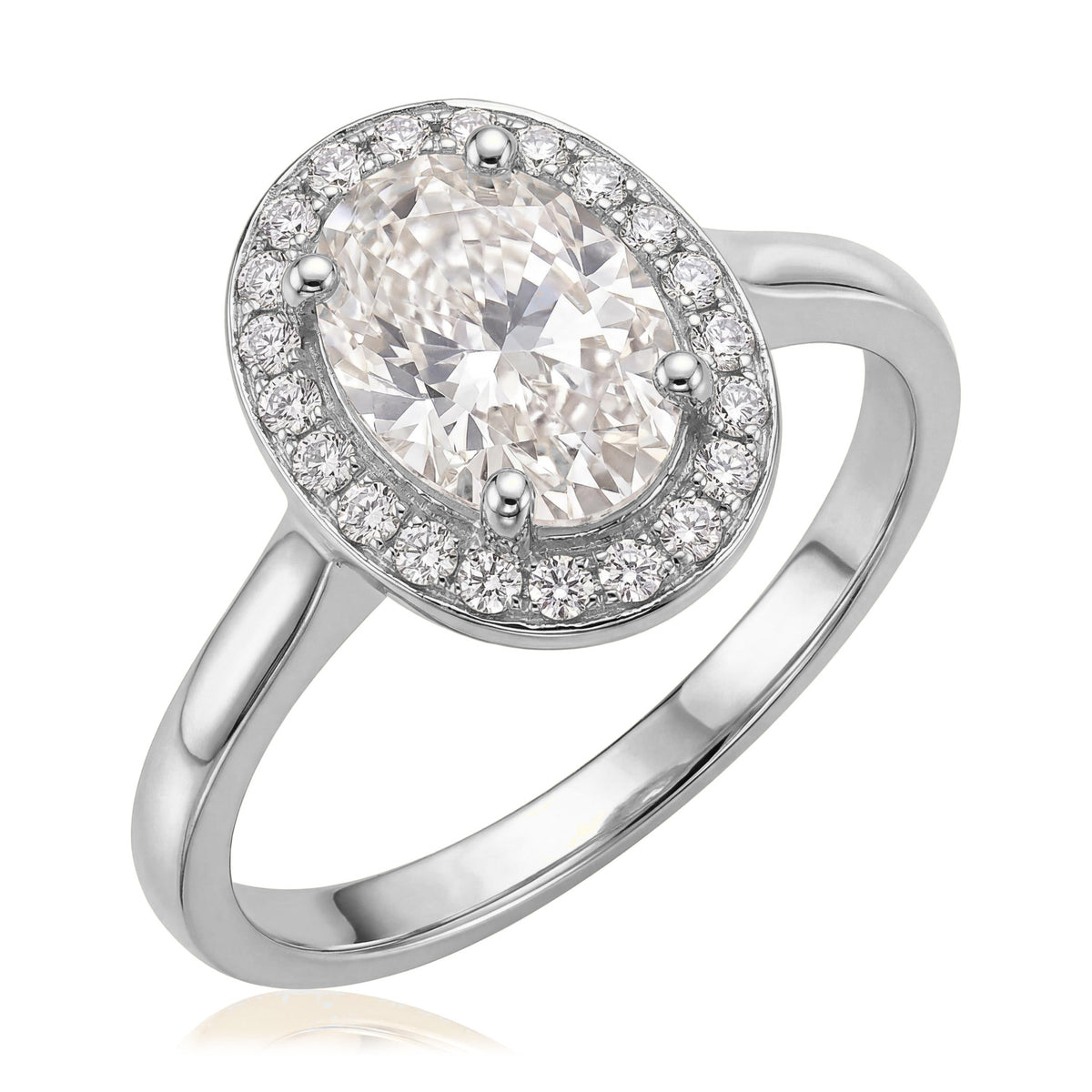 14K white gold oval halo ring, prong-set oval cubic zirconia framed by small round stones