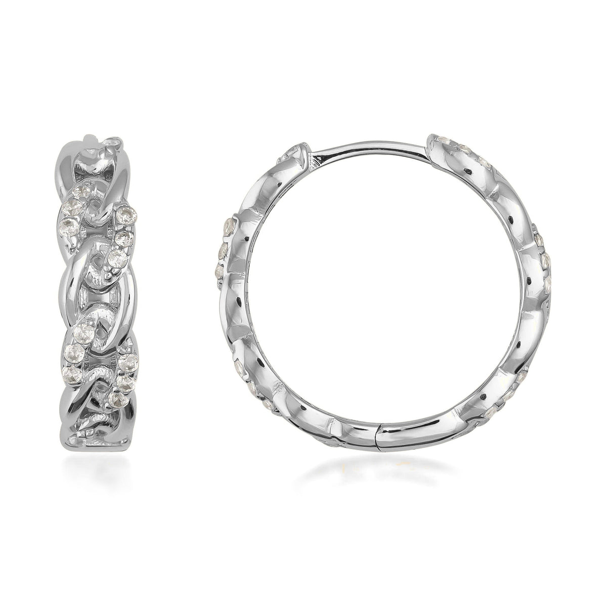 14K gold hoop earrings with chain link design and sparkling stones on white background