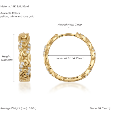 Gold hoop earrings with hinged clasp, material details, and measurements on a white background.
