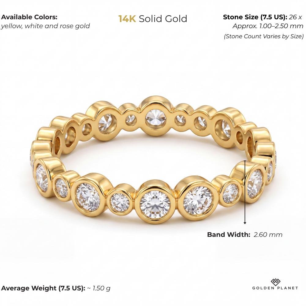 14K gold cz bezel eternity band with round cubic zirconia size and weight guide, size and weight guide
