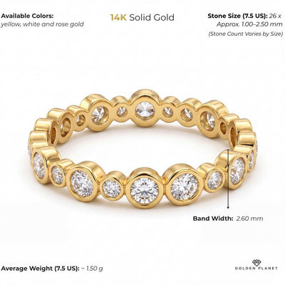 14K gold cz bezel eternity band with round cubic zirconia size and weight guide, size and weight guide