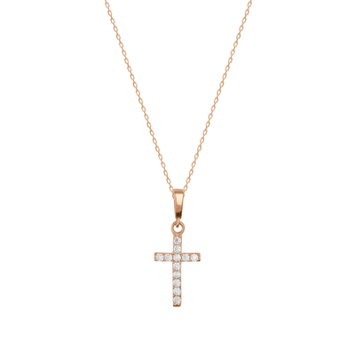 14K rose gold CZ cross pendant necklace on a delicate chain on white background