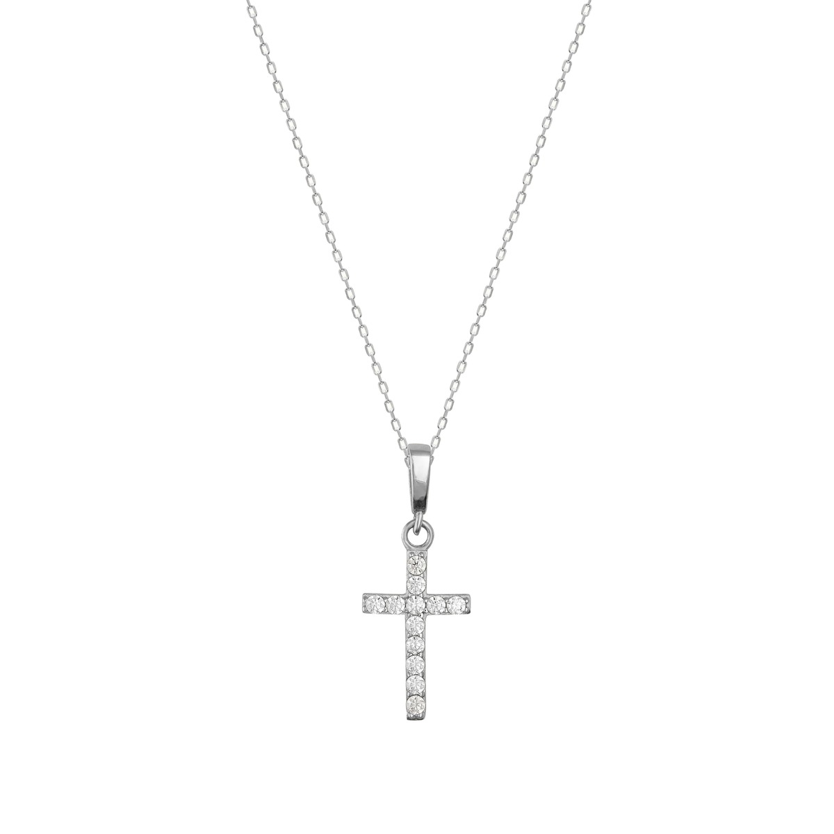 14K white gold CZ cross pendant necklace on a delicate chain on white background