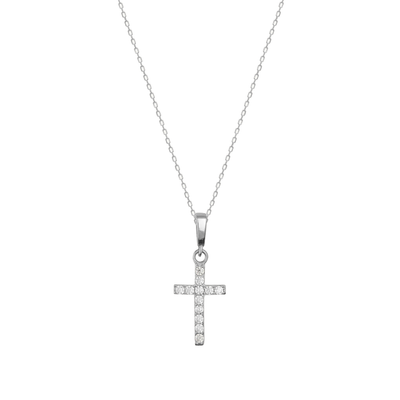 14K white gold CZ cross pendant necklace on a delicate chain on white background