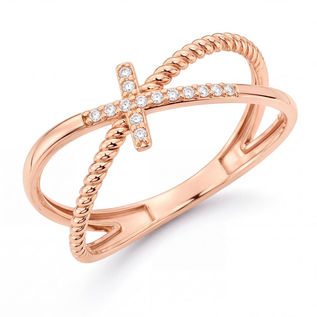 14K rose gold cross ring with a cubic zirconia cross on crossed rope and plain bands, on white