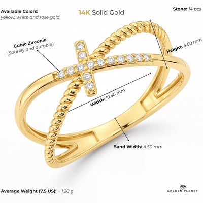 Size chart for the 14K gold CZ cross ring showing cross width, height, band width, stone count and weight