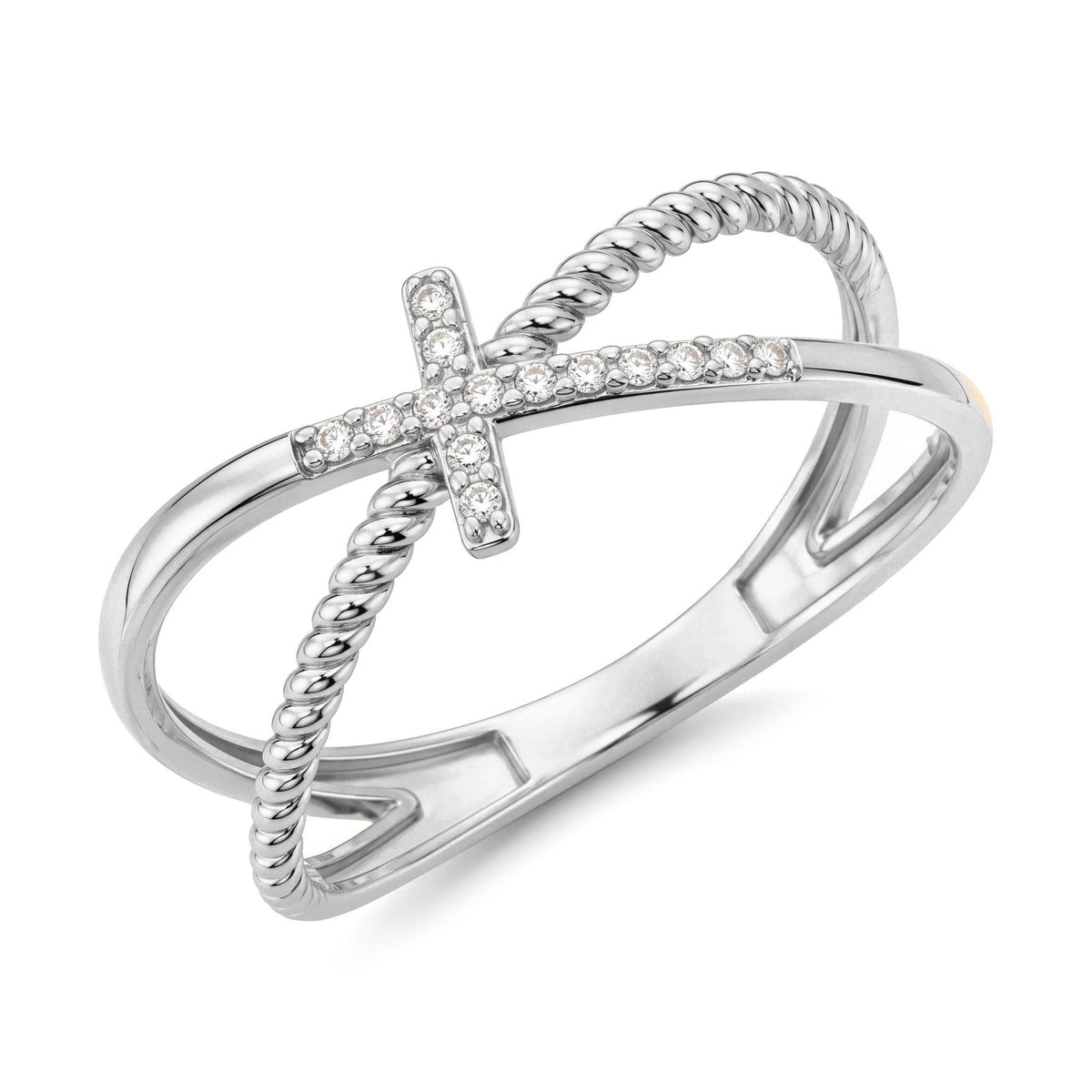 14K white gold cross ring with a cubic zirconia cross on crossed rope and plain bands, on white