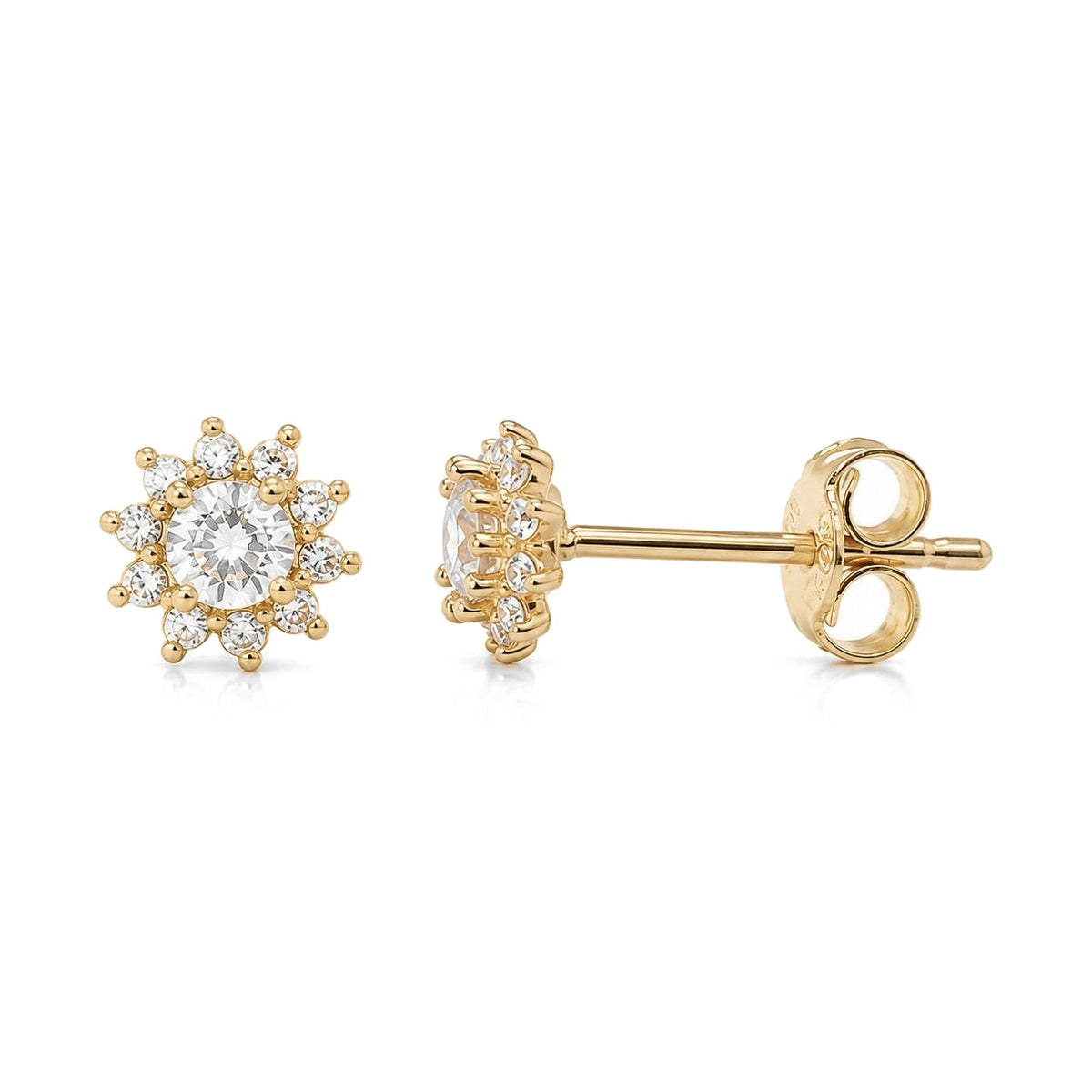 14K yellow gold cubic zirconia halo stud earrings, front and side view with butterfly back on white
