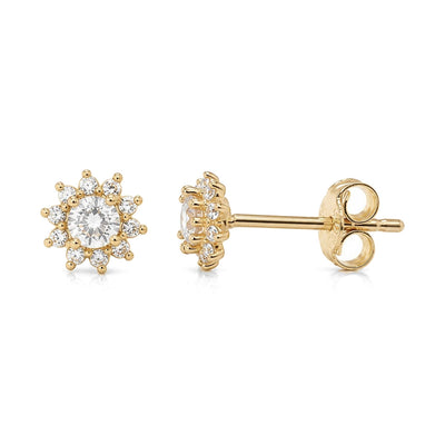 14K yellow gold cubic zirconia halo stud earrings, front and side view with butterfly back on white