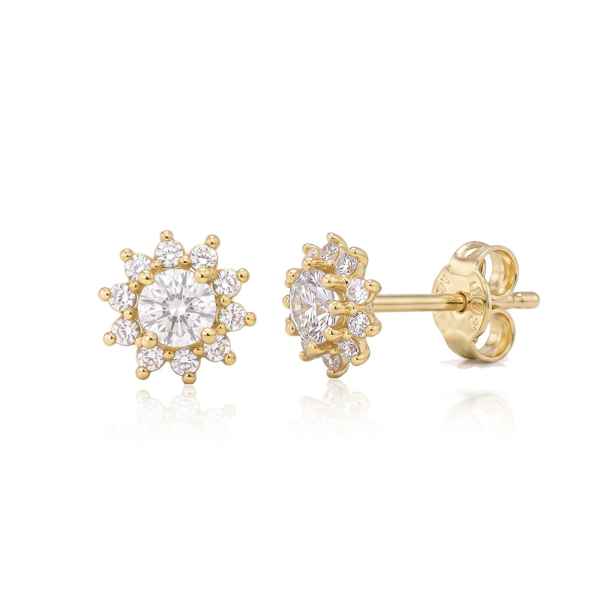 14K yellow gold cubic zirconia halo stud earrings, front and side view with push back on white