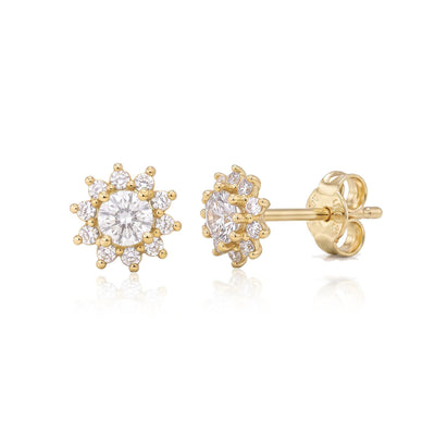 14K yellow gold cubic zirconia halo stud earrings, front and side view with push back on white