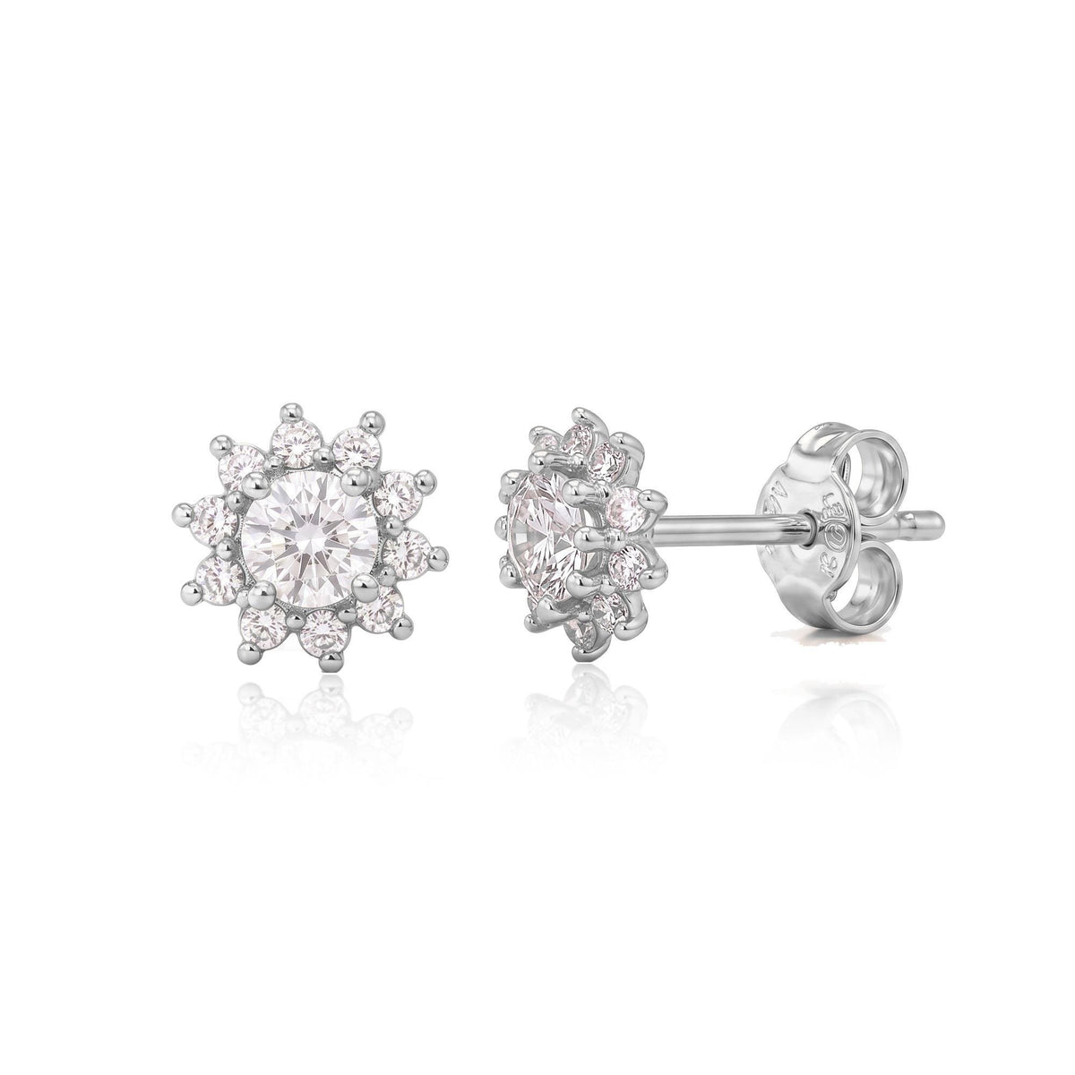 14K white gold cubic zirconia halo stud earrings, front and side view showing butterfly back