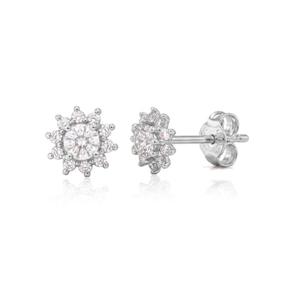14K white gold cubic zirconia halo stud earrings, front and side view showing butterfly back
