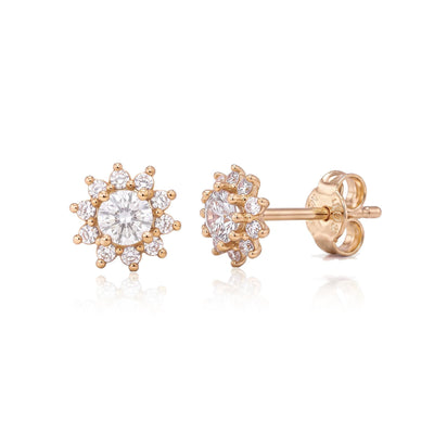 14K rose gold cubic zirconia halo stud earrings, front and side view showing butterfly back