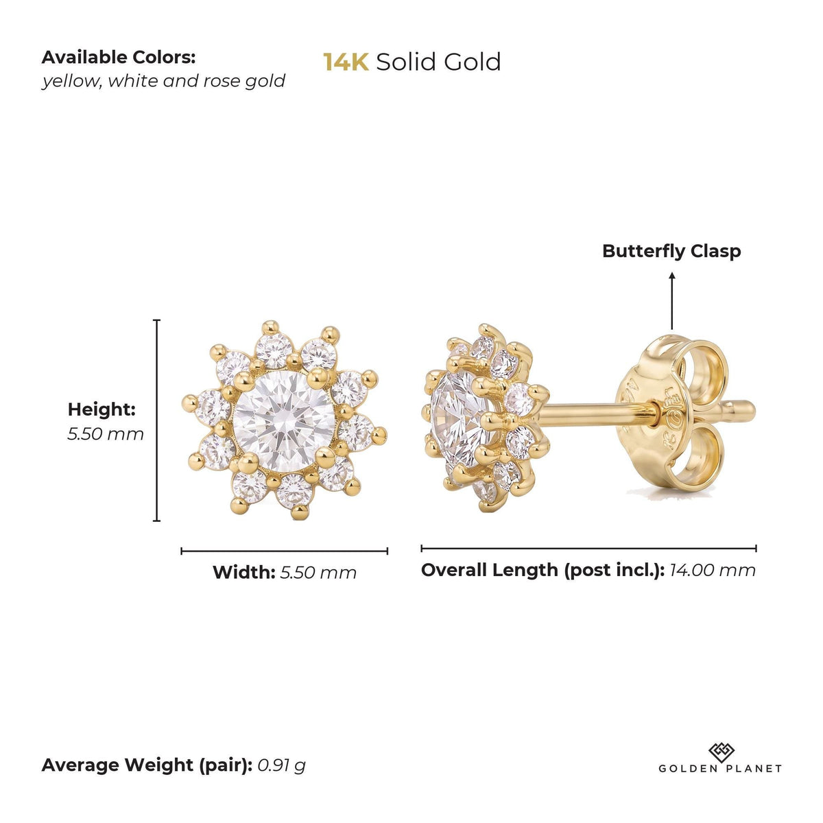Size chart for the 14K gold cz halo stud earrings showing stones, available colors, height, width, overall length, closure