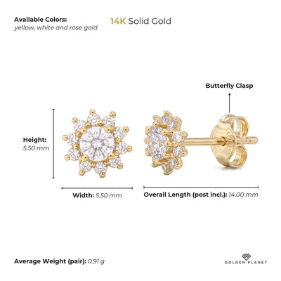 Size chart for the 14K gold cz halo stud earrings showing stones, available colors, height, width, overall length, closure