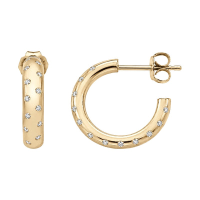 14K yellow gold round cubic zirconia hoop earrings, side and front view on white background