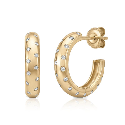 14K yellow gold round cubic zirconia hoop earrings with post backs, front and side view, with reflection