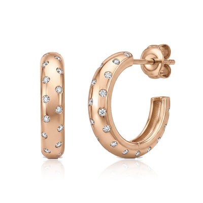 14K rose gold round cubic zirconia hoop earrings, front and side view on white background
