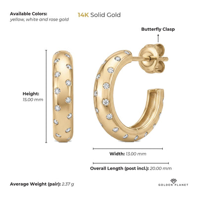 Size chart for the 14K gold cz hoop earrings showing stones, available colors, height, width, overall length, closure
