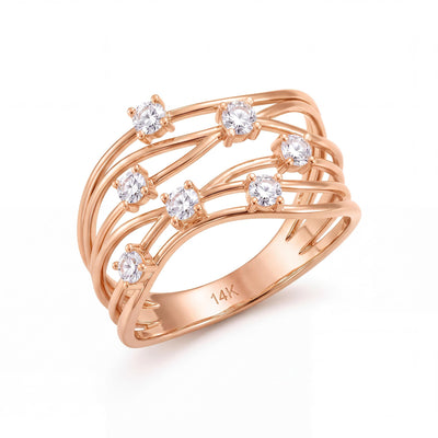 14K rose gold CZ statement ring, wide openwork band of wavy strands with seven prong-set stones