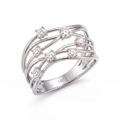 14K white gold CZ statement ring, wide openwork band of wavy strands with seven prong-set stones