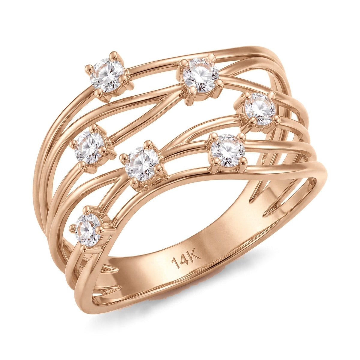 14K rose gold CZ statement ring, wide openwork band of wavy strands with seven prong-set stones