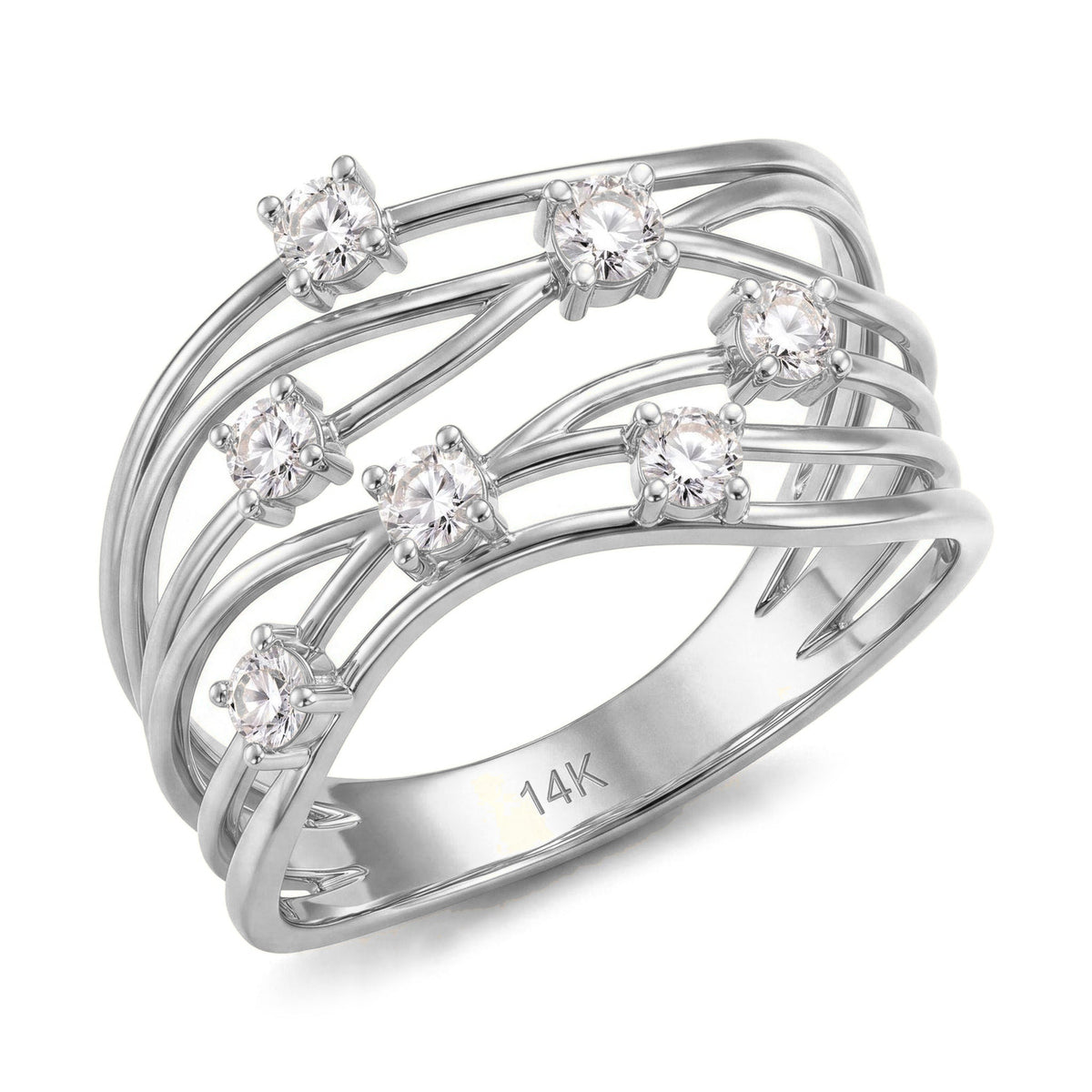 14K white gold CZ statement ring, wide openwork band of wavy strands with seven prong-set stones