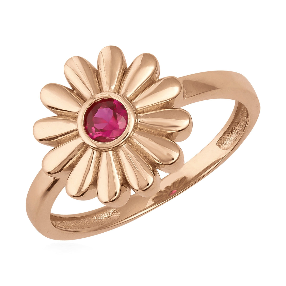 14K gold daisy flower ring with pink Simulated Ruby center, elegant floral jewelry design