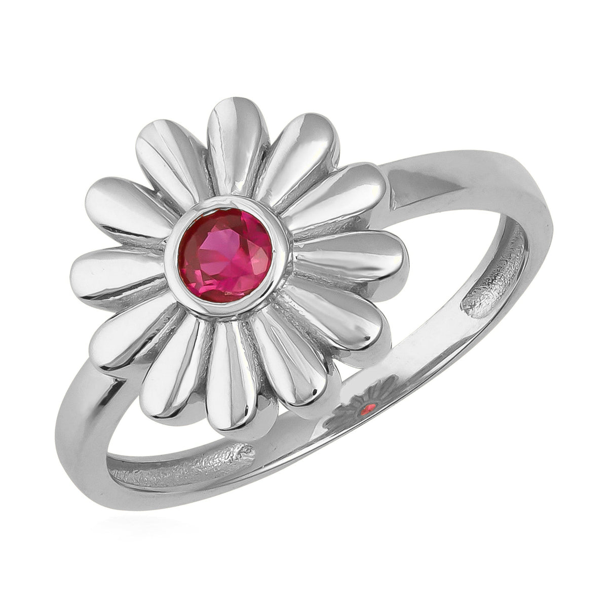 14K gold daisy flower ring with pink Simulated Ruby center, elegant floral jewelry design
