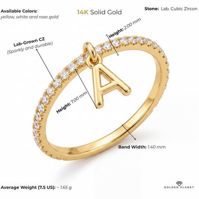 Product info graphic for 14K gold dangle initial ring, showing stones, available colors, band width, height, letter width