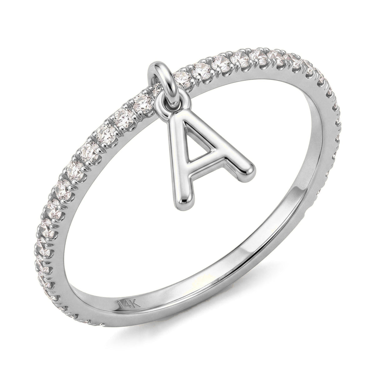 14K white gold dangle initial ring, thin clear stone pavé band with a hanging letter A charm, on white