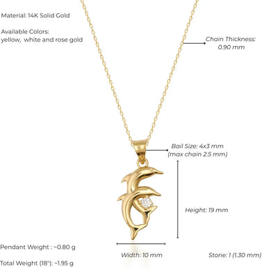 Gold dolphin pendant necklace with measurements and material details on a white background
