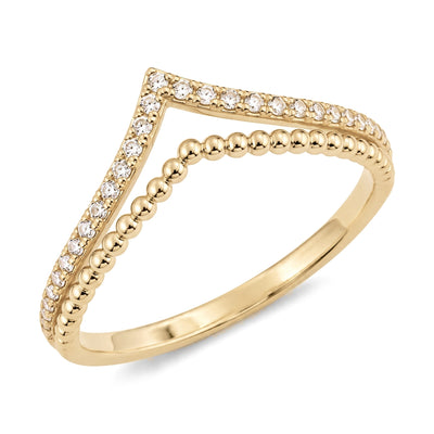 14K yellow gold double chevron ring with cubic zirconia, angled studio shot