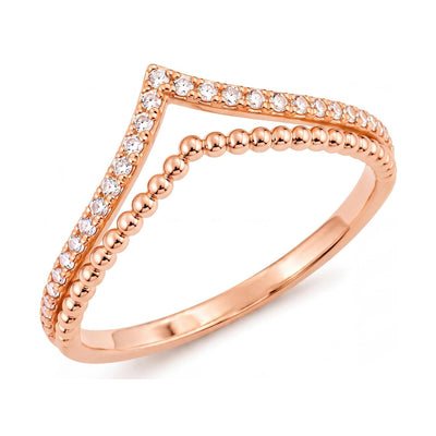 14K rose gold double chevron ring with cubic zirconia, angled studio shot