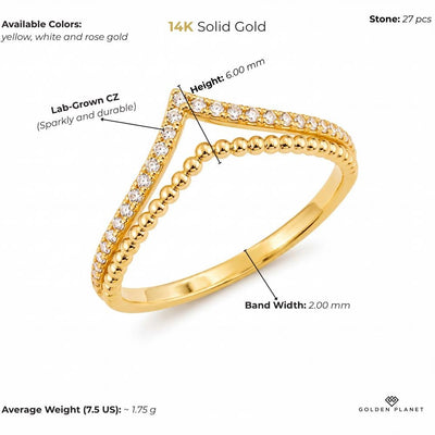 Size chart for the 14K gold double chevron ring showing stones, available colors, band width, height, average weight