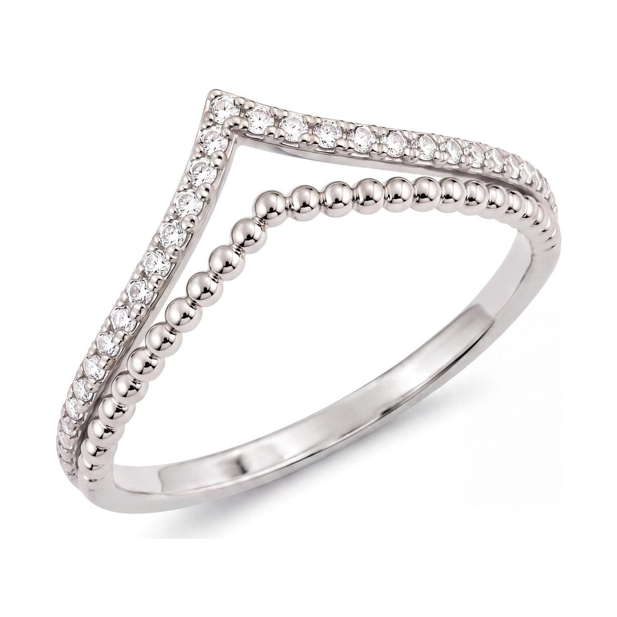 14K white gold double chevron ring with cubic zirconia, angled studio shot
