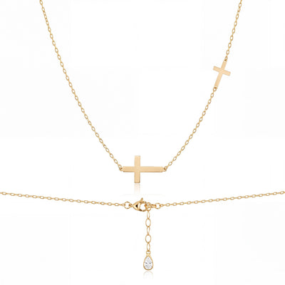 14K gold double cross necklace, product photo