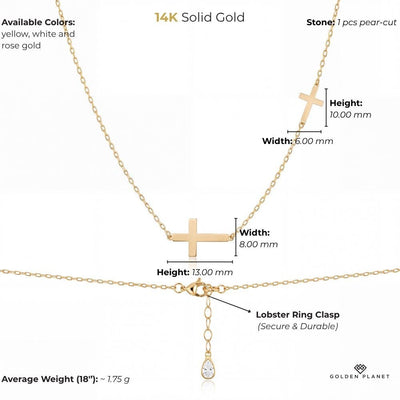 14K gold double cross necklace, size and weight guide