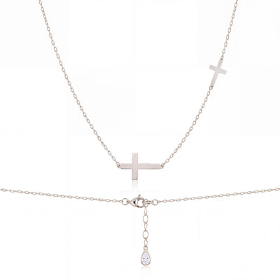 14K gold double cross necklace, product photo