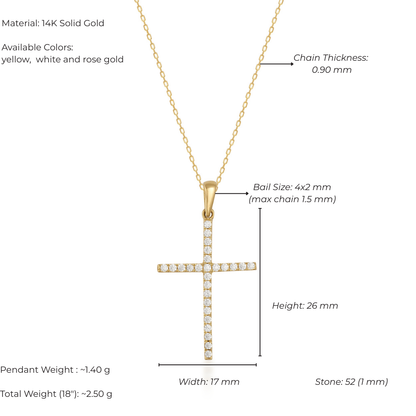 Gold cross pendant with chain details on a white background