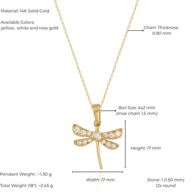 Gold dragonfly pendant necklace with detailed measurements on a white background