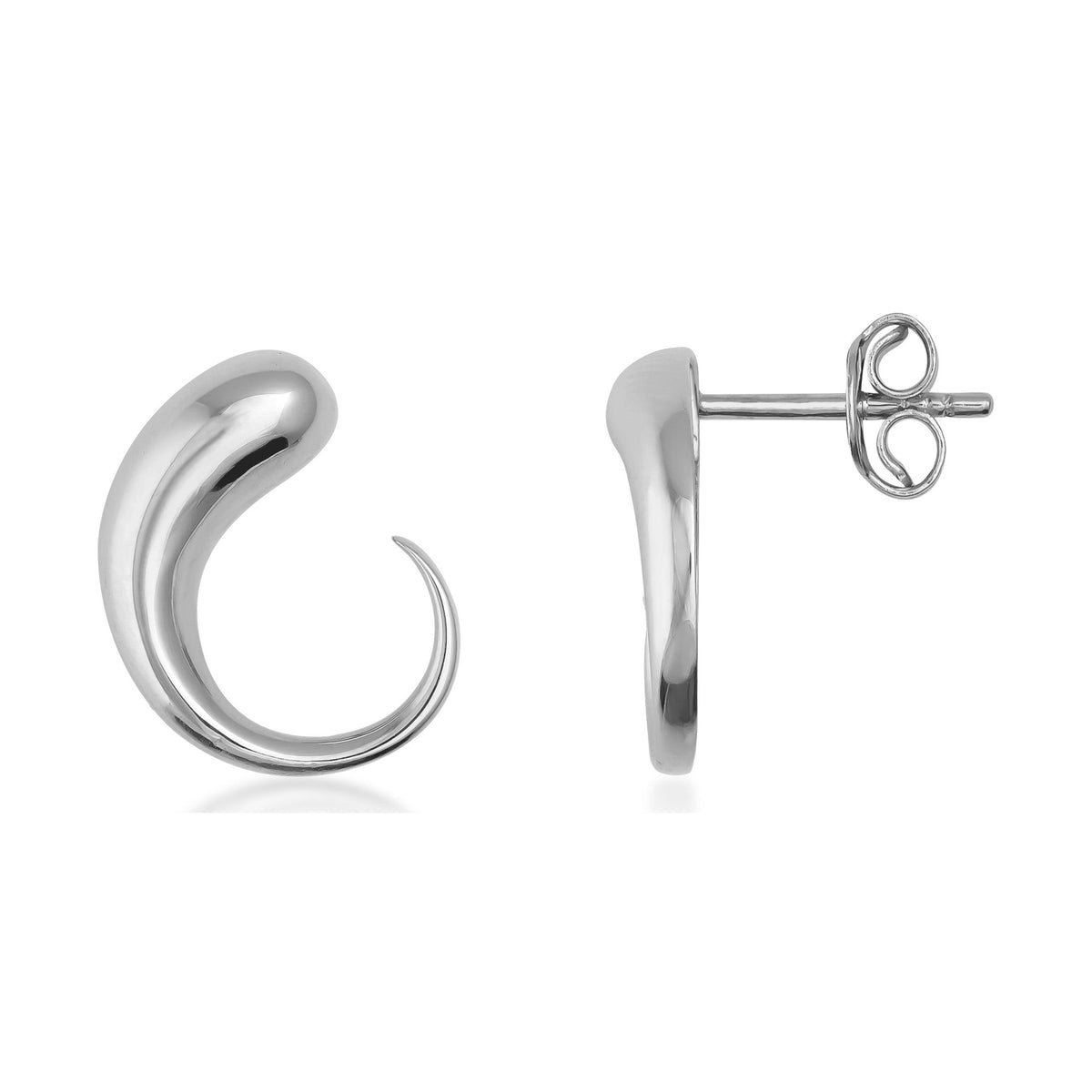 Polished 14K white gold swirl stud earrings with modern curved design on white background