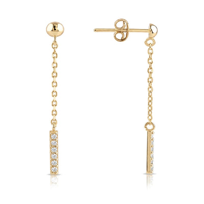 14K yellow gold drop stud earrings with round cubic zirconia bar, front and side view of the pair