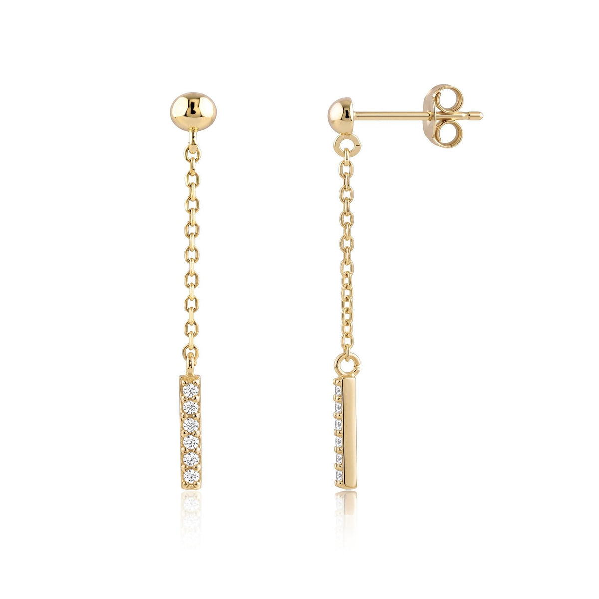 14K yellow gold drop stud earrings with round cubic zirconia bar, second flat view of the pair
