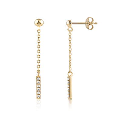 14K yellow gold drop stud earrings with round cubic zirconia bar, second flat view of the pair