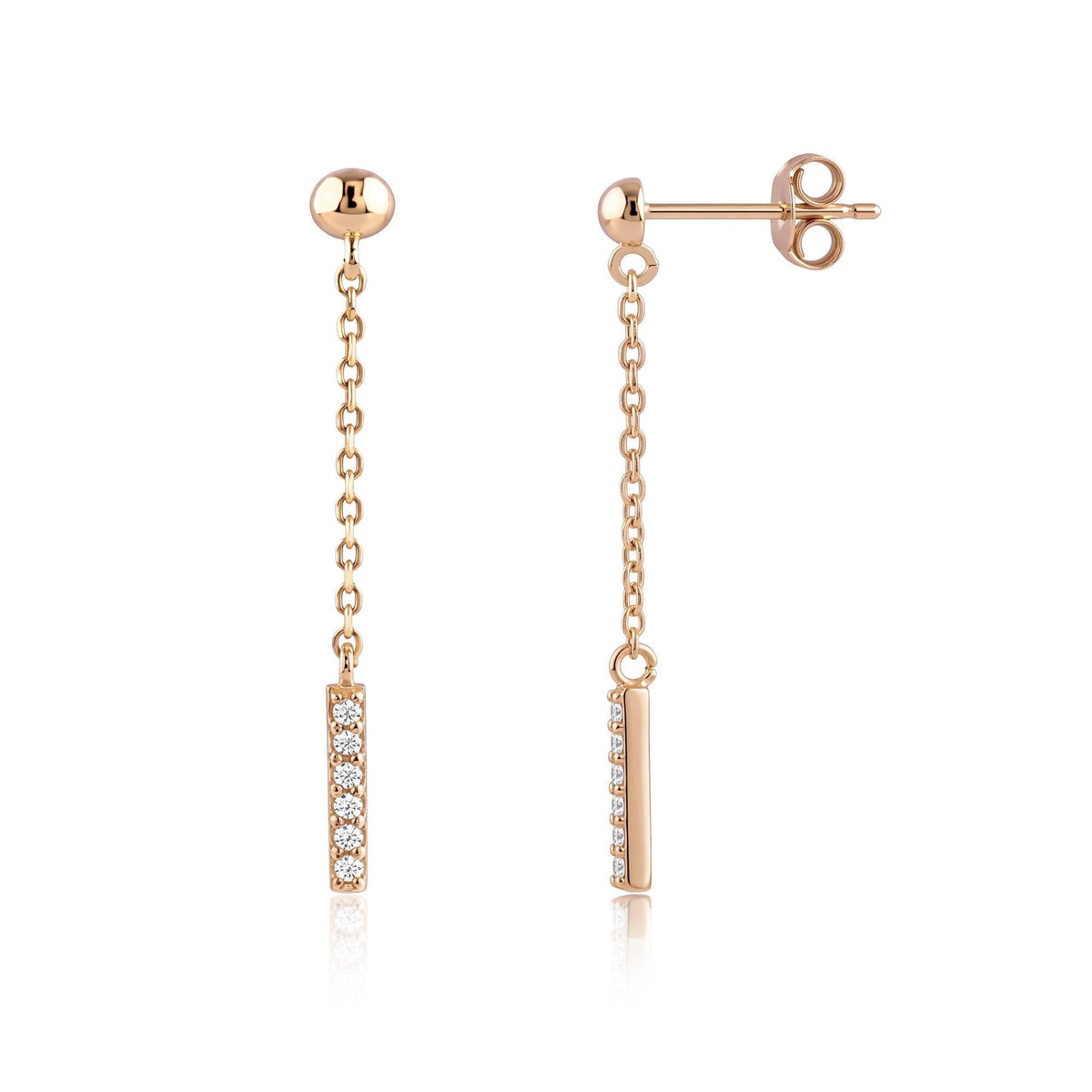 14K rose gold drop stud earrings with round cubic zirconia bar, front and side view of the pair