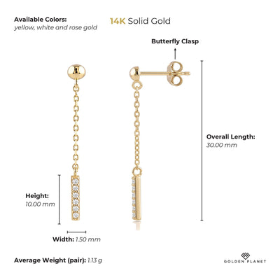 Size chart for the 14K gold drop stud earrings showing stones, available colors, height, width, chain length, overall